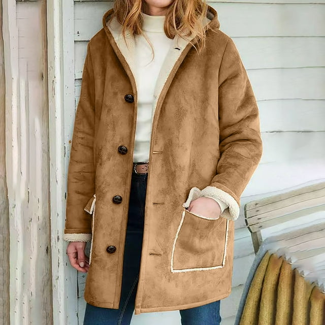 LOVZFMLL Jackets for Women Winter Warm Composite Button Hooded Jacket Outwear Solid Color Coat