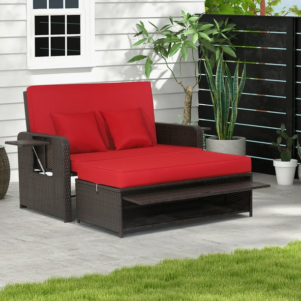 Costway Patio Rattan Loveseat Set Daybed Lounge Storage Ottoman Side