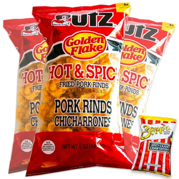 Utz Hot and Spicy Pork Rinds (3, 5oz bags) - Variety Pack - Light and Airy Chicharrones - Keto Friendly - Zapp's Spicy Cajun Crawtators Kettle Chips (1, 4.75oz ) - 4 Bags Total
