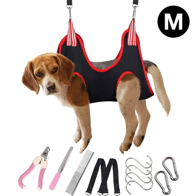 Oneisall Arnés de Hamaca de Aseo para Perros para Recorte de Uñas de Mascotas, Bolsa de Restricción de Eslinga de Aseo Transpirable para Mascotas, Ayudante de Hamaca de Aseo para Perros - Negro Rojo M