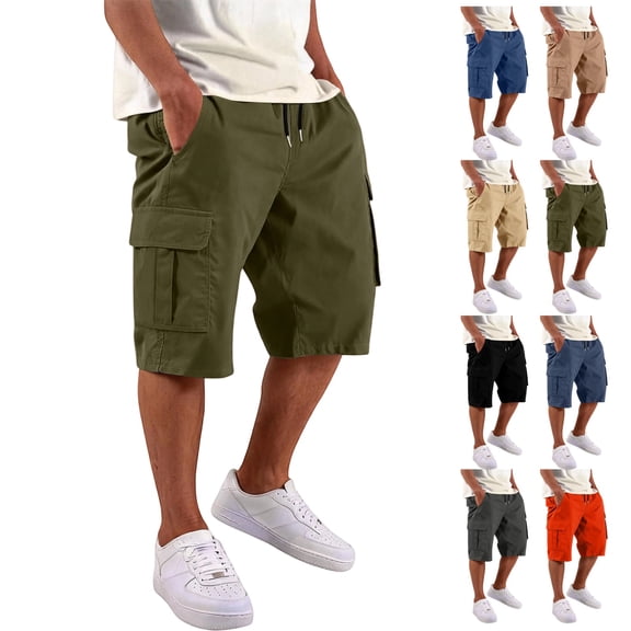 GrmtClth Cargo Shorts for Men Relaxed Fit Drawstring Athletic Elastic Waist Work Shorts Stretch Hiking Long Shorts with Multi Side Pockets Army Green L