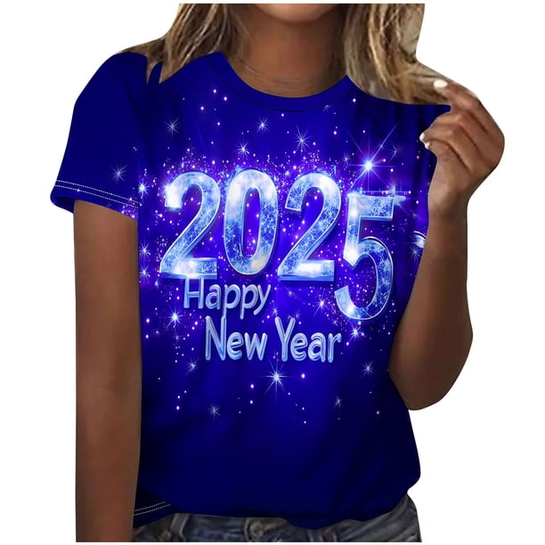 Camisetas Casuales de Mujer Año Nuevo Impreso Suéter de Manga Corta Cuello Redondo, Top de Moda para el Uso Diario