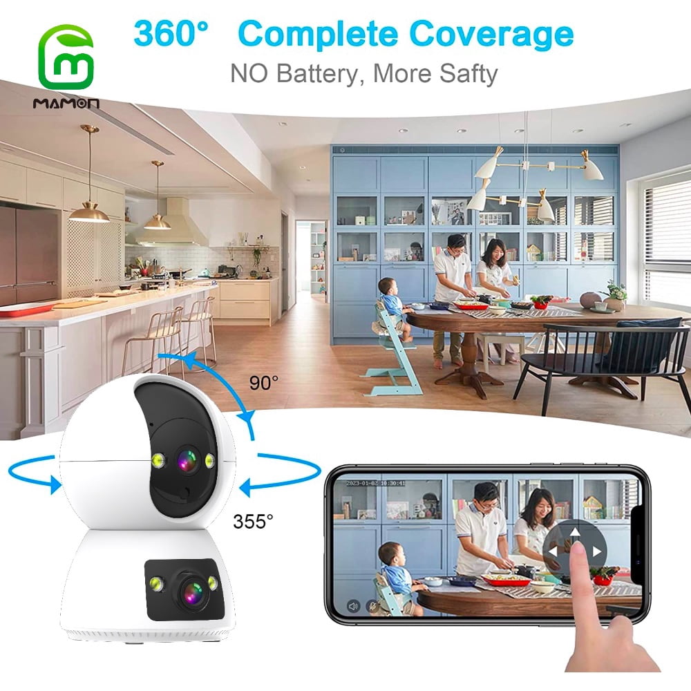 Baby Monitor Indoor Security WiFi Camera Dual Lens Dual Screen 4MP 2K Resolution with Pan Tilt Zoom/ Motion Alerts Ideal for Baby and Pet Home Security Multiple Storage Options Work with Alexa