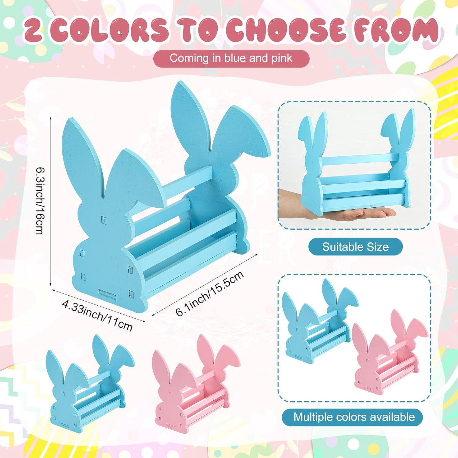 2 Pcs Wood Bunny Easter Baskets with Handle, Cute Easter Rabbit Candy Eggs Basket Empty Hunt Container Storage for Gifts, Pink and Blue