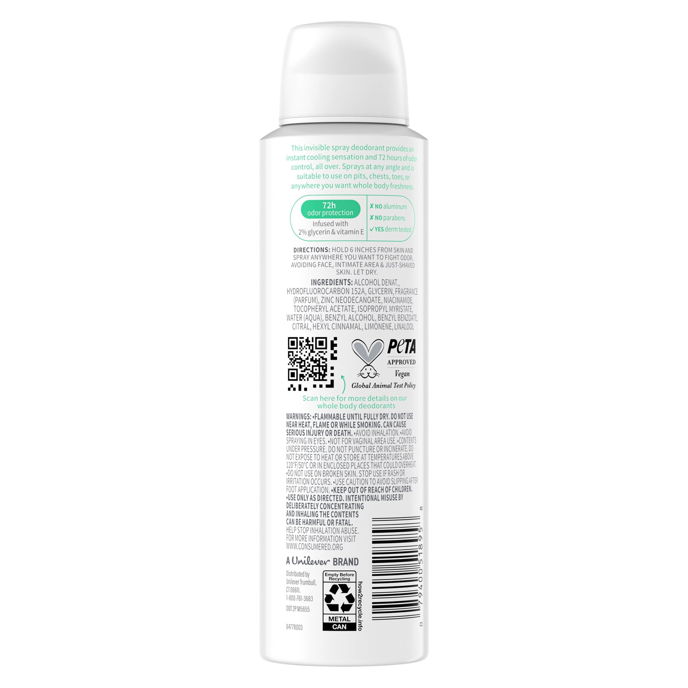 Dove Whole Body Deodorant Cooling Spray Sage & Lavender Aluminum Free ,4oz