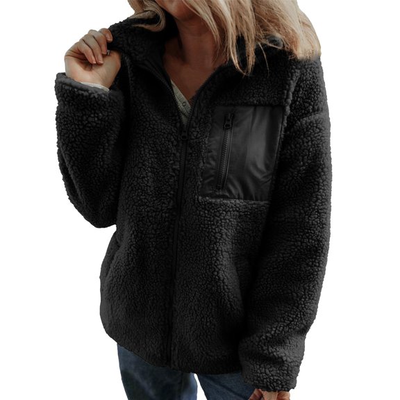 Baqcunre Women's Clothing, Sherpa Jackets for Women Trendy Zip Up Long Sleeve Winter Fall Casual Warm Fleece Coat Jackets with Pockets Valentines Day Gifts, 1Pc Jacket Black L