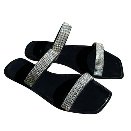 

FITOOM Summer Sandals For Women Flat Slip On Sandals Crystal Roman Shoes Open Toe Rhinestone Inlay Casual Sandals Slippers