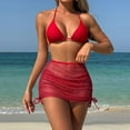 thumbnail image 5 of Women's Bikini Sets, 3 Piece Halter Swimsuits for Women with Sarong Cover Up Skirt, Summer Beach Swim Outfits (M, Wine), 5 of 7