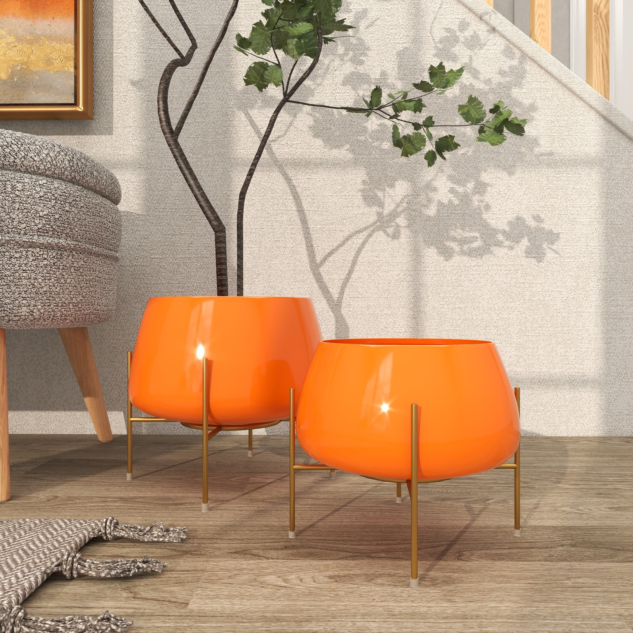 DecMode Modern Metal Dome Shape with X Base Stand Planter, Set of 2 8", 10"H Features Glossy Orange Finish