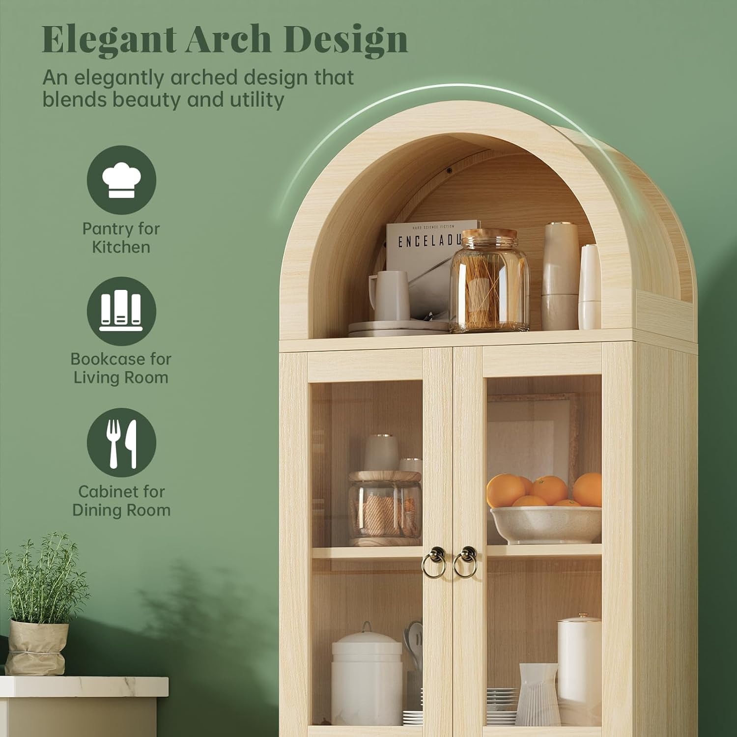 71" Tall Arched Cabinet with Acrylic Glass Door, Modern Curio Arched Bookcase, Display Cabinet Organizer, Kitchen Pantry with Top-Opening Storage Container for Living Dining Room, Natural