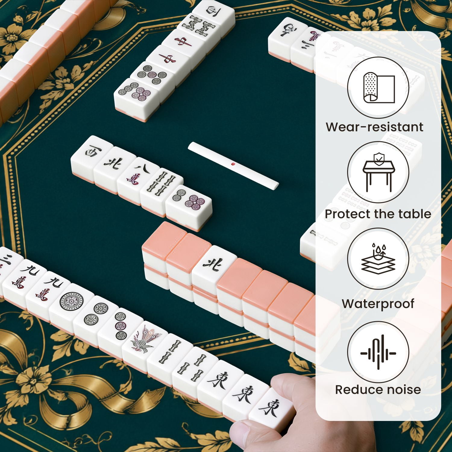 Mahjong Mat 31.5" x 31.5" Elegant Dark Green Gold Floral Ornamental Frame Ribbons Border Non-Slip Noise Reduction Mahjong Tiles Table Cover for Dominoes Poker Card Board and Tile Games
