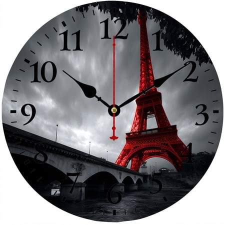 CozyHour 9.84 Inch Paris Eiffel Tower Wall Clock, Red Black and White Cityscape Analog Clock, Decorative Wall Clock for Living Room, Bedroom and Office