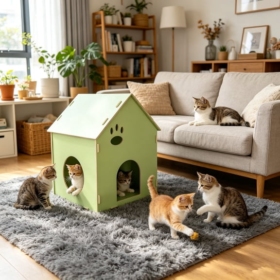 AnjiSee Cat Houses & Condos Green -With 2 Doors & 1 Cat-Shaped Hole, Cat Caves for Indoor Cats Wood