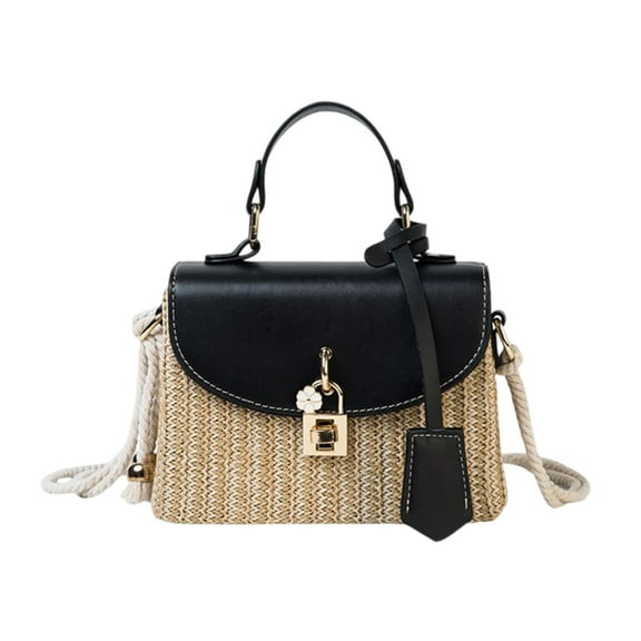 FASHOFT Womens Tote Bags Square Straw Woven Shoulder Bag Natural Design Casual Style For Summer Vacation Shopping And Daily Commute Womens Handbags Black