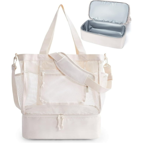 Omlopp Beach Bag for Women, Mesh Tote Bags with Zipper, Sandproof Vacation Essentials with Cooler for Swim Cruise Pool(Beige)