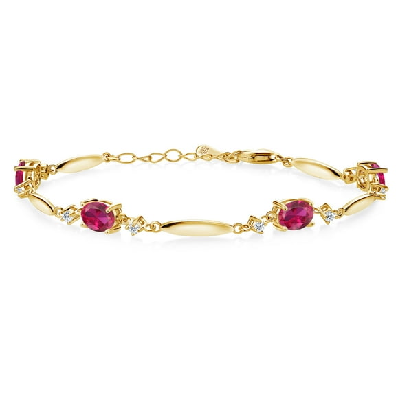Gem Stone King 18K Yellow Gold Plated Silver Red Created Ruby and White Topaz Tennis Bracelet for Women | 4.32 Cttw | Gemstone July Birthstone | Oval 7X5MM | 6 inch   1 inch Extender