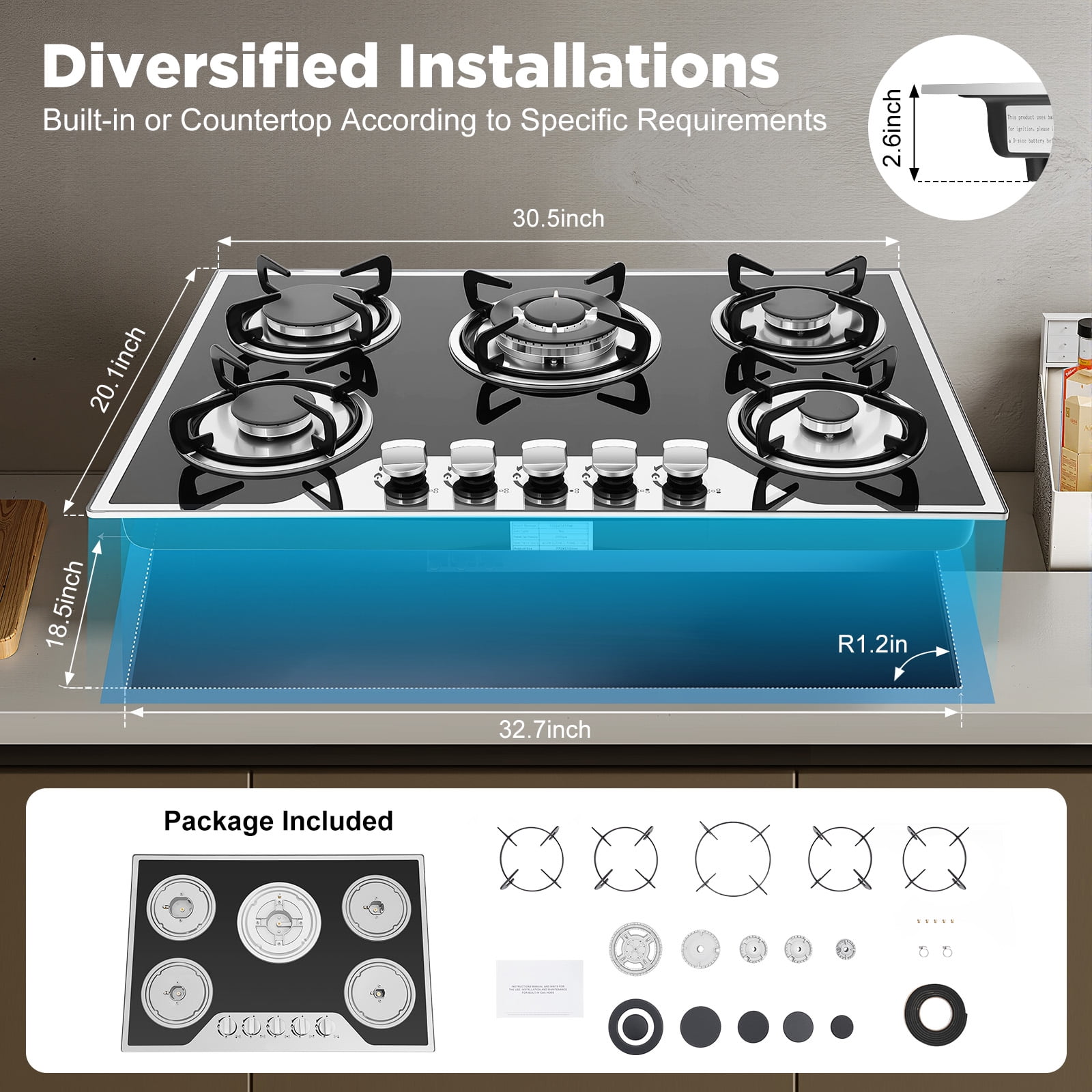 Built-in Gas Cooktop, 5 Burners Gas Stove with Tempered Glass Smooth Surface Automatic Pulse Ignition Countertop Stove Perfect for Kitchen, NG/LPG Convertible (30 Inch)