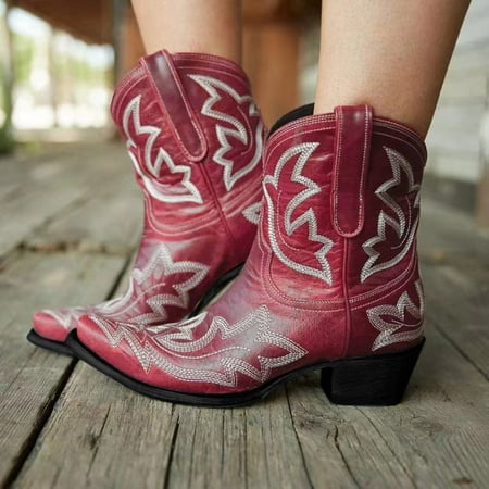 

FZM Women shoes Fashion Womens Slip-On Leather Round Toe Low-heeled Shoes Cowboy Knight Boots