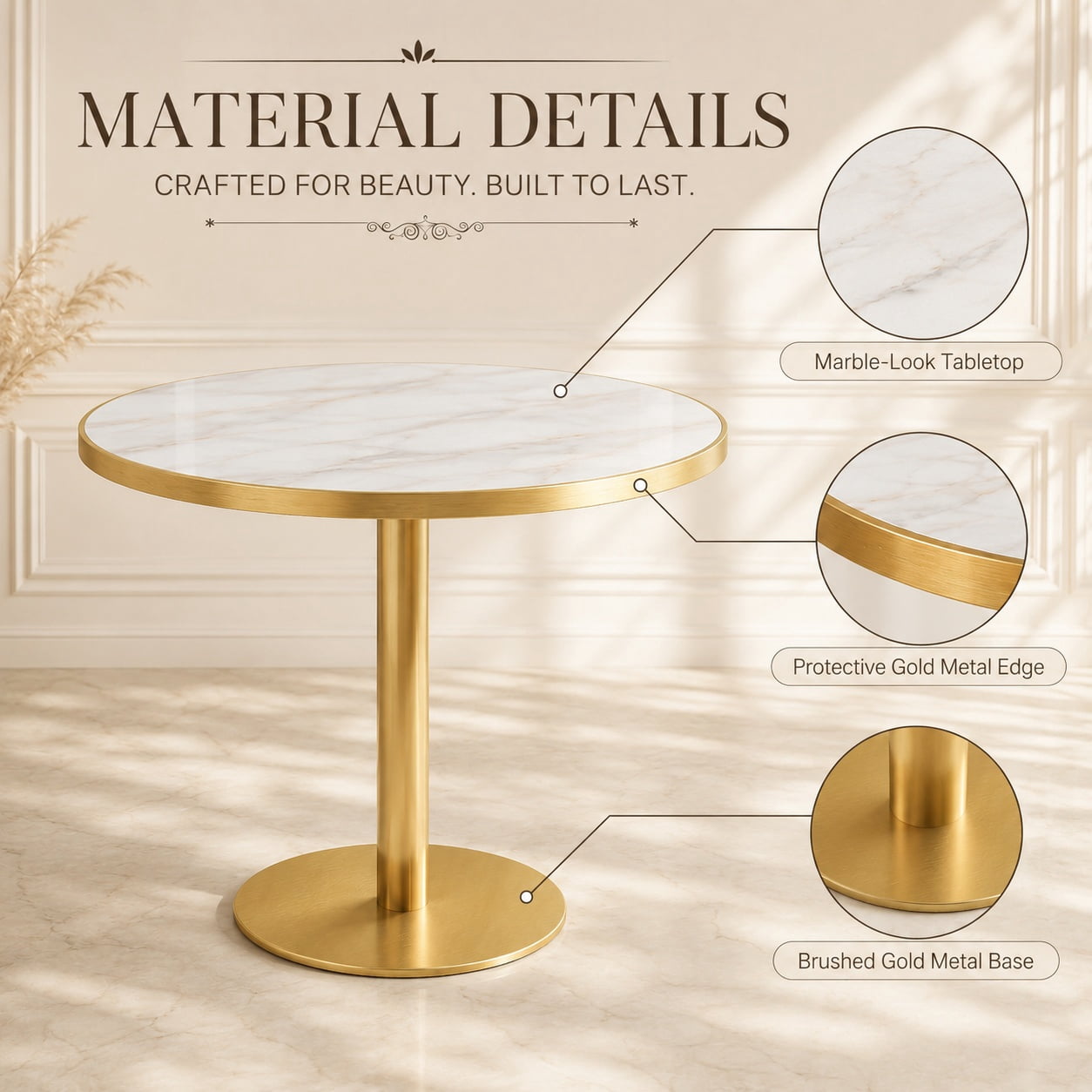Aukfa 31.5" Round Sintered Stone Dining Table for 2-4, Kitchen Table Tulip Table with Gold Pedestal Base for Bistro Small Apartment,Ivory White Marble