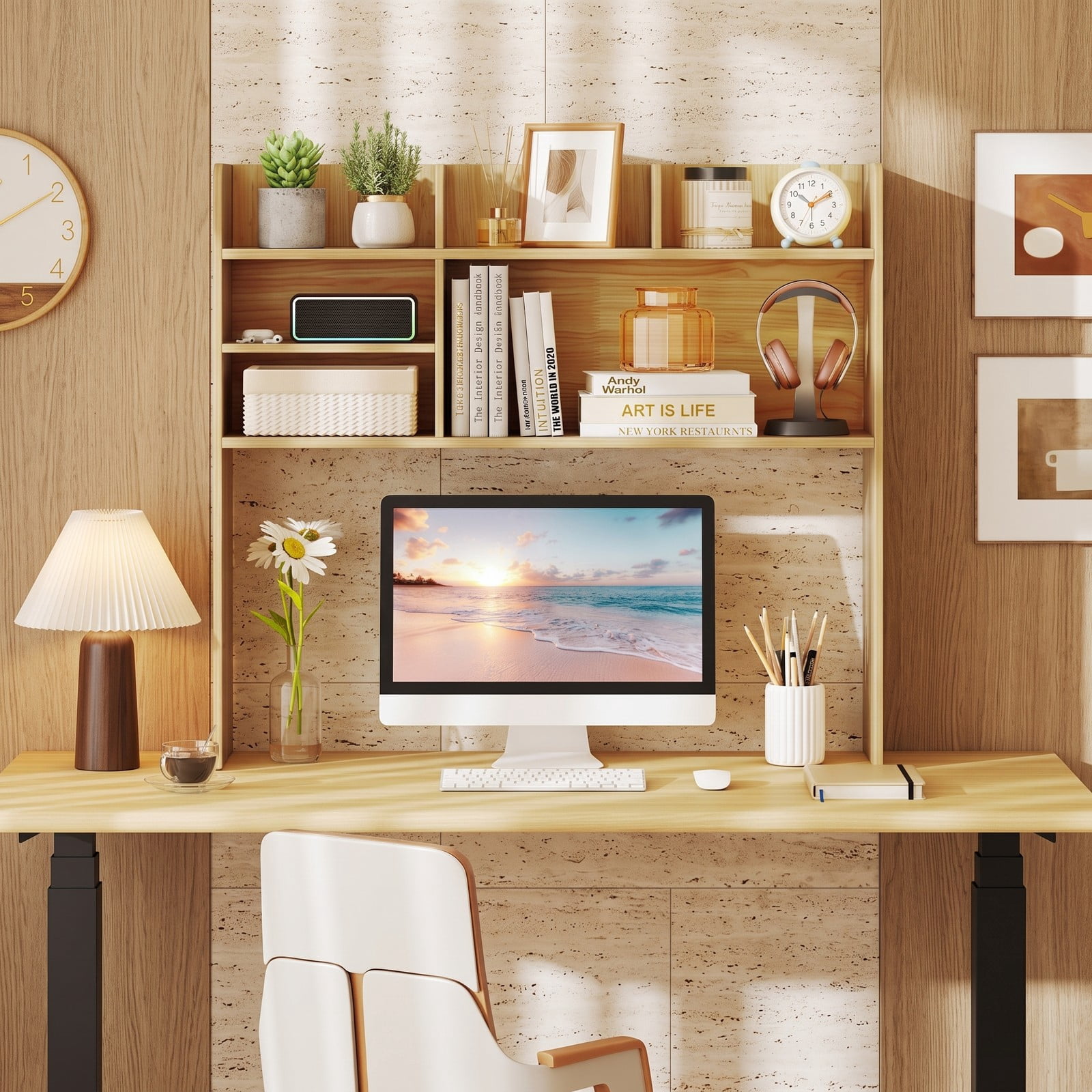 Furnibear Desktop Bookshelf Countertop Storage Hutch with 6 Shelves, Wood Desk Organizer Monitor Stand Riser with Adjustable Shelf and Open Compartment for Home, Beige