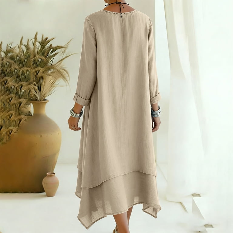 cute 3/4 sleeve dresses YuXingFu Cute Dresses for Women Maxi Crew Neck Plus Size Womens Dress 3/4  Sleeve with Pocket Long Casual Summer Khaki L