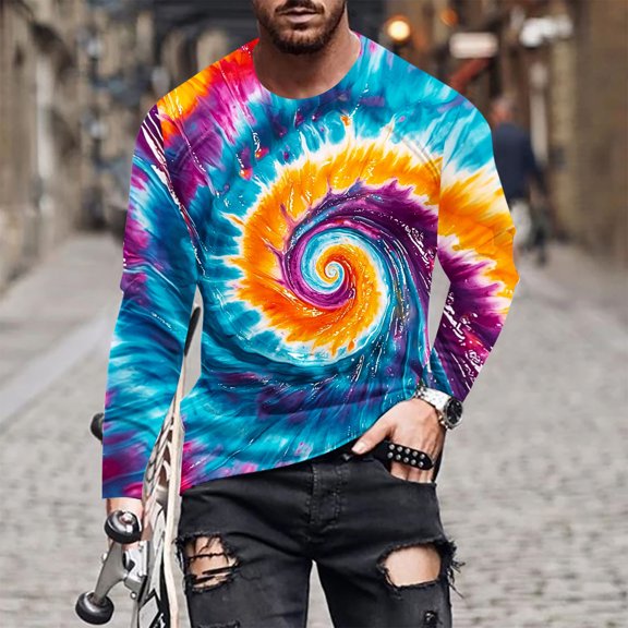 VgaVtl Mens Long Sleeve Tshirts Athletic Big and Tall Mens Shirts Tie-Dye Casual Basic Blue Regular Shirts,M