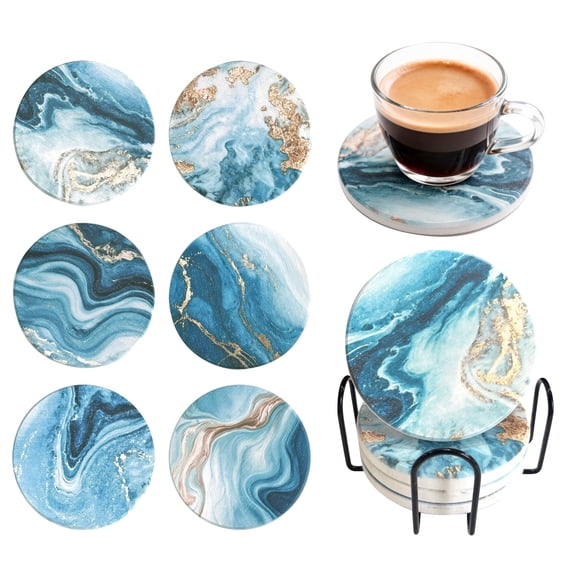 Behome Coasters Set of 6, 4 Inches Water Absorbent Diatomite Coasters with Holder, Drinking Coasters for Home Decor House Warming Gifts