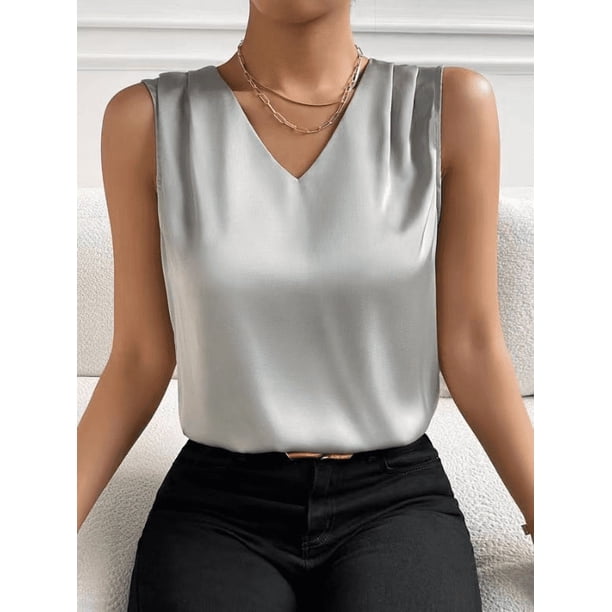 Xuyuer Women's Casual Fashion Solid Color V-Neck Satin Top, Chic Short Sleeve Blouse for Dinner Dates, Cocktail Parties and Spring Summer Evening Wear