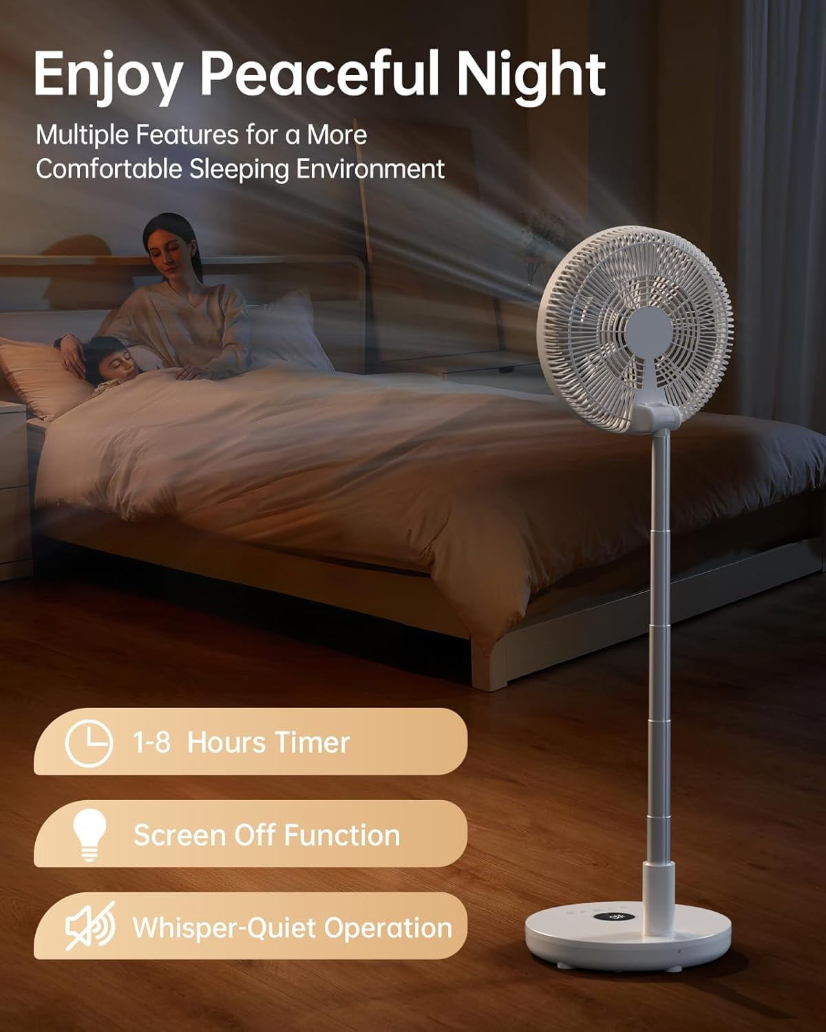 Portable Oscillating Standing Fan with Remote, Quiet 12" Rechargeable Pedestal Fan for Bedroom Office, Foldable Battery Powered Travel Fan, Adjustable Height, 8H Timer, 6 Speeds, 44.4Wh