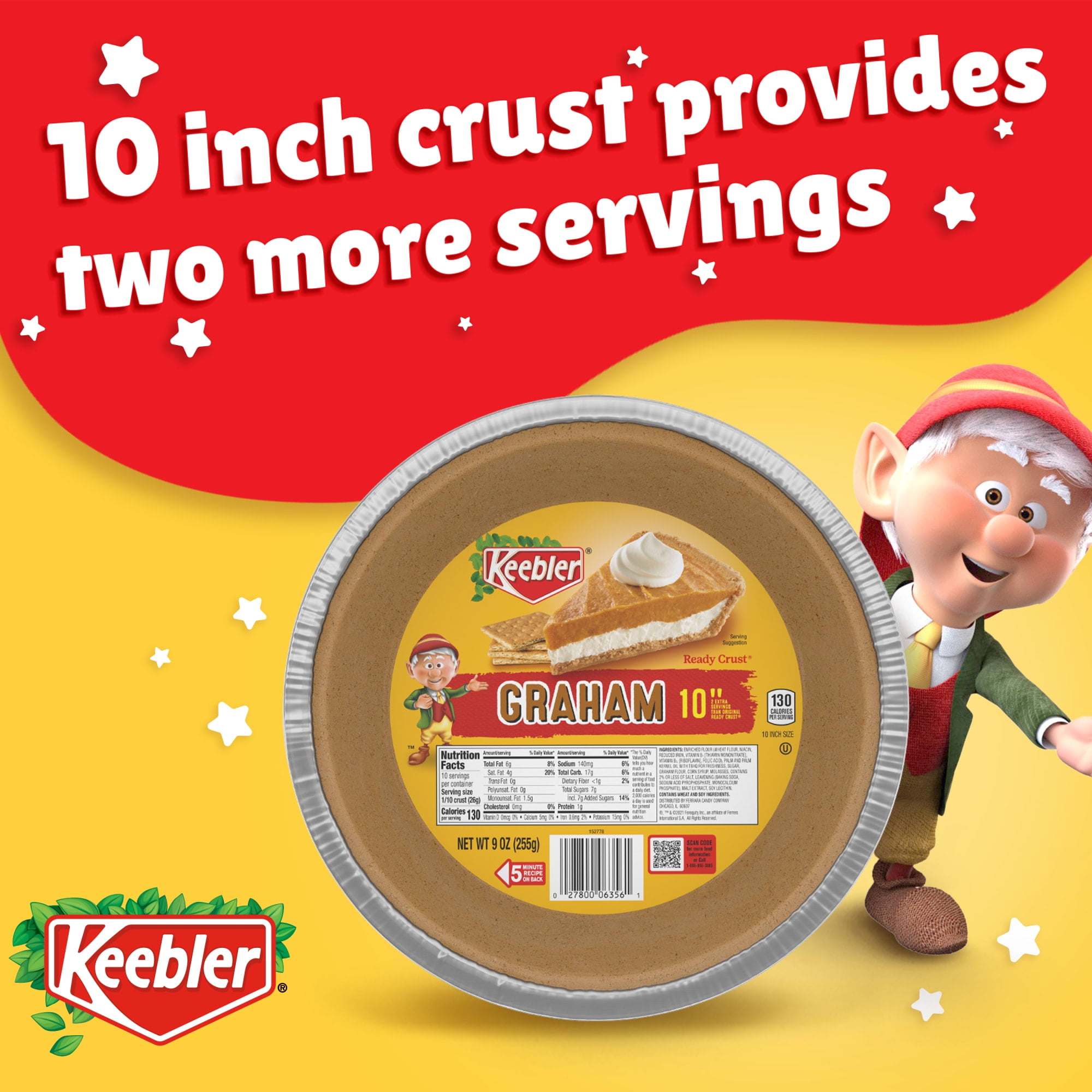Keebler Ready Crust 10-Inch Graham Cracker Pie Crust, Premade Pie Crust For Baking And No-Bake, 9 oz