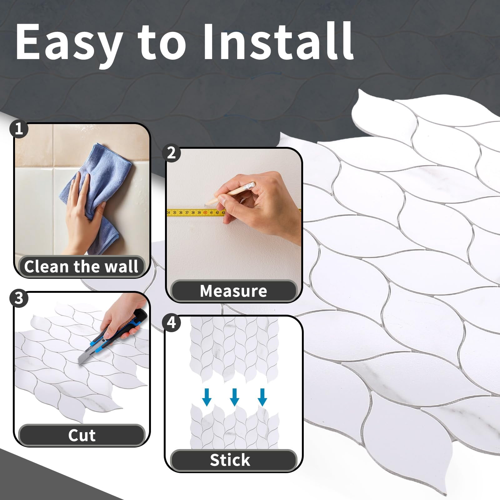 10-sheet Peel And Stick Backsplash Tile For Kitchen  Self-adhesive Mosaic Glossy Leaf On Wall With Gaps (calacatta White)