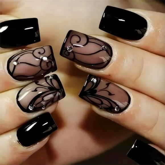 Uñas postizas adhesivas RTKHFZE cuadradas negras French tip 24 piezas