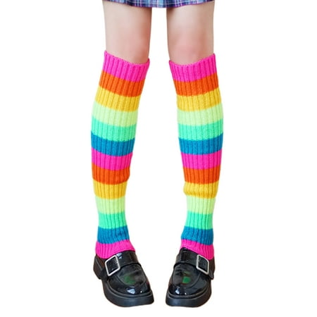 

Sardfxul Women 80s Retro Party Ribbed Knit Leg Warmers Neon Rainbow Multicolor Striped Foot Cover Sleeve Dance Sport Long Socks