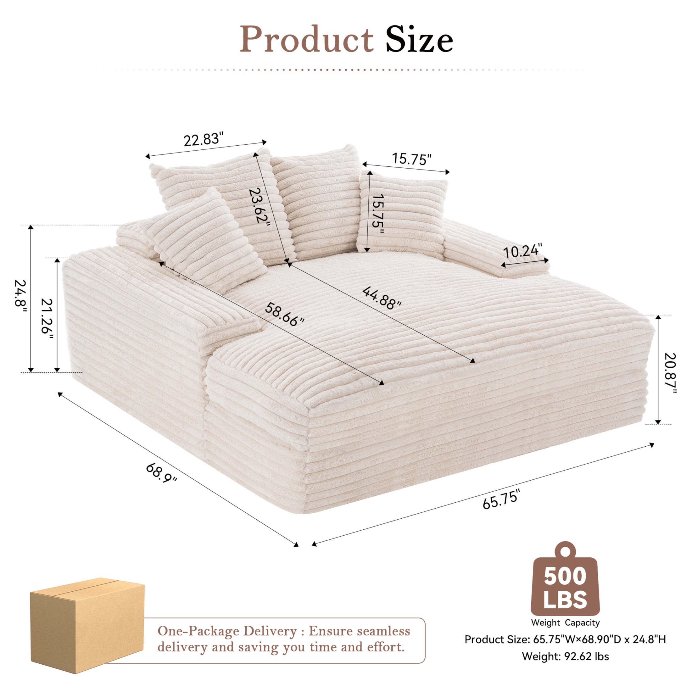 Noble House Heliox 68" Oversized Chaise Lounge Chair, Plush Corduroy Sleeper Sofa Bed with Removable Pillows, Beige
