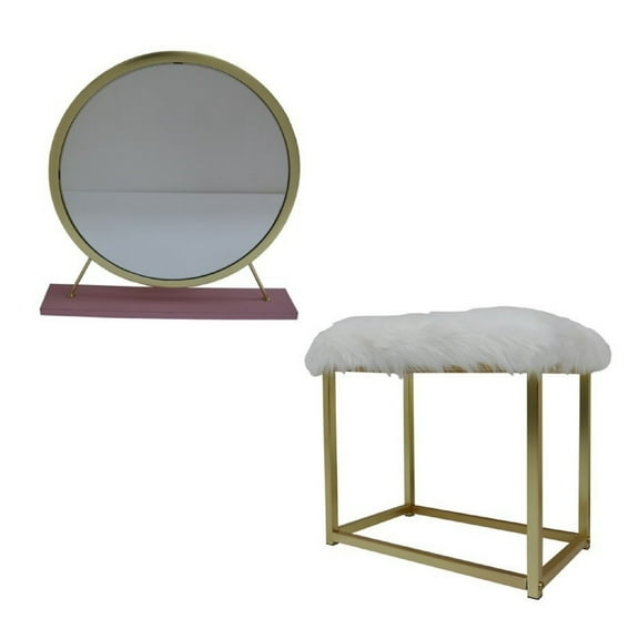 Benjara Rose Round Vanity Mirror with Stool, Faux Fur Seat, Brass. Pink