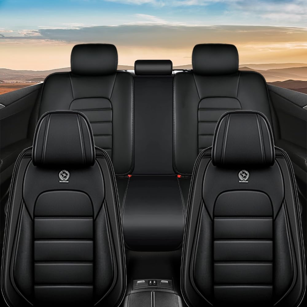 AFUNTIO Leather 5 Seat Covers for Ford 99% Models,Car Seat Cushions Full Set,Waterproof Car Sit Protectors,Nonslip Interior Accessories(Solid Black)
