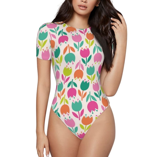 Fotbe Tulips Flowers Body de Mujer con Cuello Redondo y Mangas Cortas, Sin Mangas Ajustado, Suave, Cómodo y Básico-Large