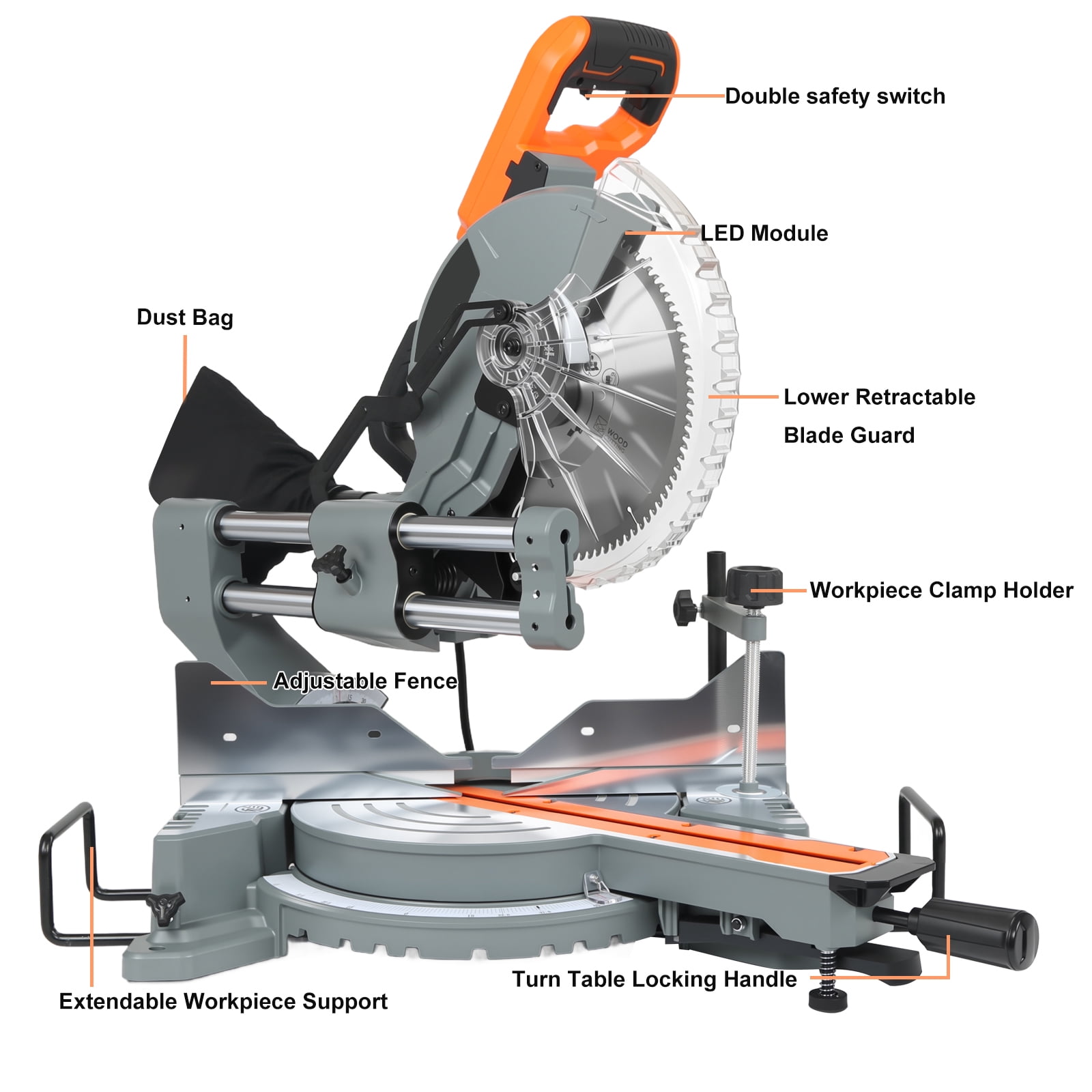 10-Inch Sliding Compound Miter Saw, Corded 15 Amp Miter Saw, Double Bevel with 100-Tooth Carbide Blade, LED Light, Angle Adjustable for Precision Cuts on Wood, Decking, Laminates