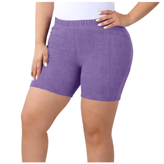 Wo-Fusoul Yoga Shorts for Women Plus Size, Solid Color Elastic Waist, Ribbed Texture, 3-Inch Inseam, Casual Athletic Wear, Green L