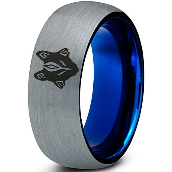 Tungsten Tribal Wolf Band Ring Band Ring 8mm Men Women Comfort Fit Blue Dome Brushed Gray Polished