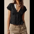 thumbnail image 4 of Blusa de Encaje con Cuello en V para Mujer, Corta, Fruncida, Ropa de Verano para Vacaciones Negro M, 4 of 8