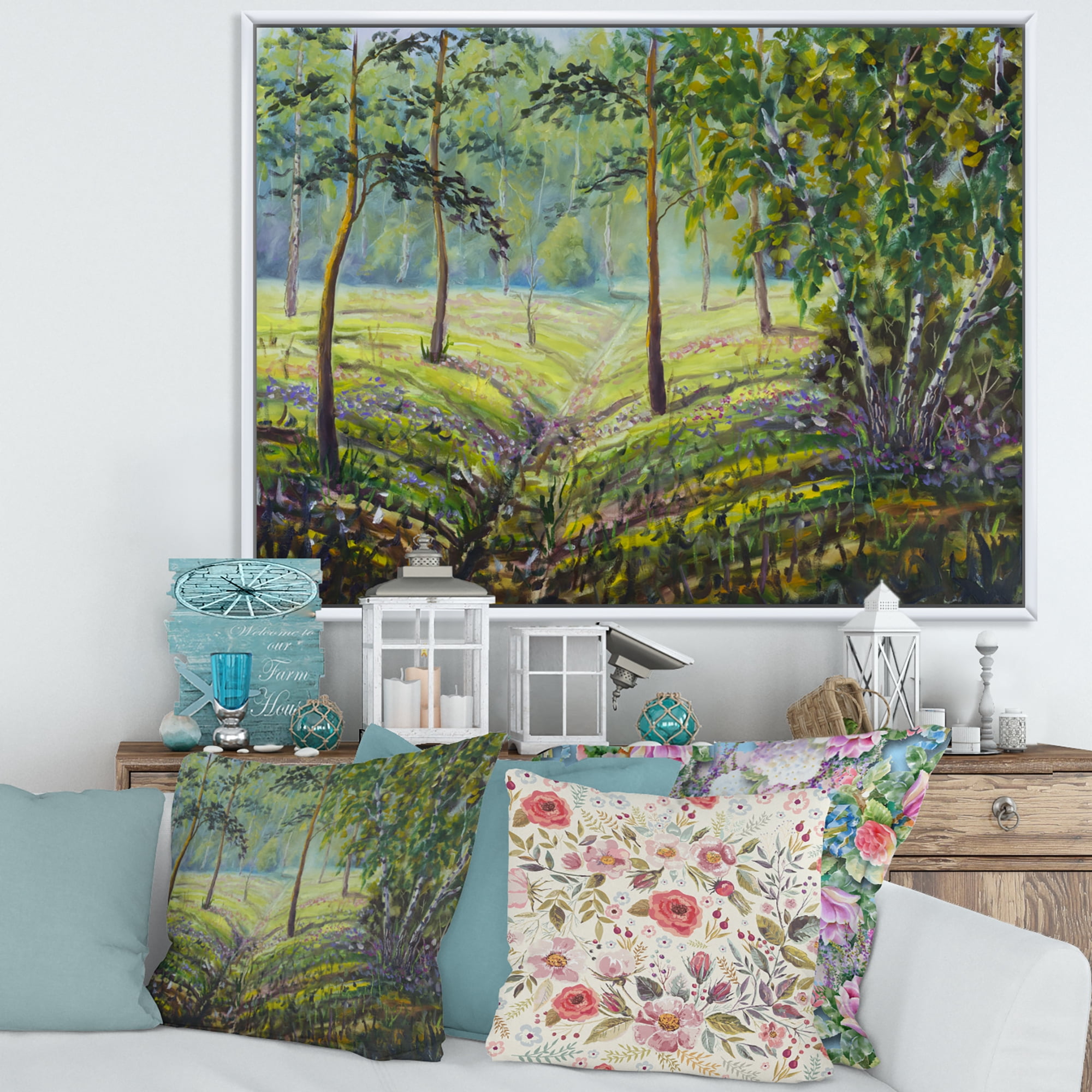 Designart 'Bushes and Pine Trees In The Forest I' Lake House Framed Canvas Wall Art Print