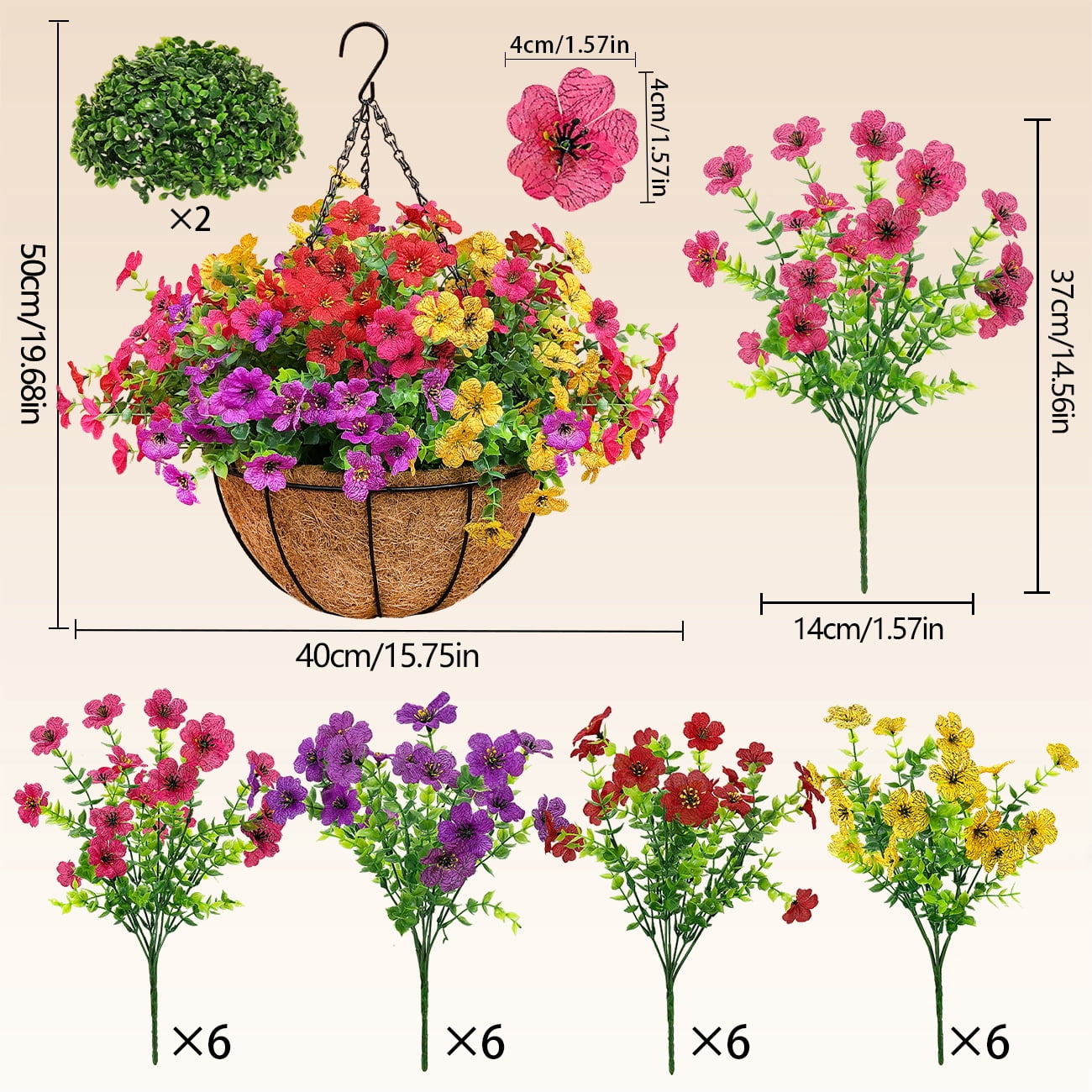 2 Sets of Artificial Hanging Baskets, 24 Simulated Flowers, with Metal Coconut Baskets, Suitable for Outdoor Spring and Summer Courtyard Decoration