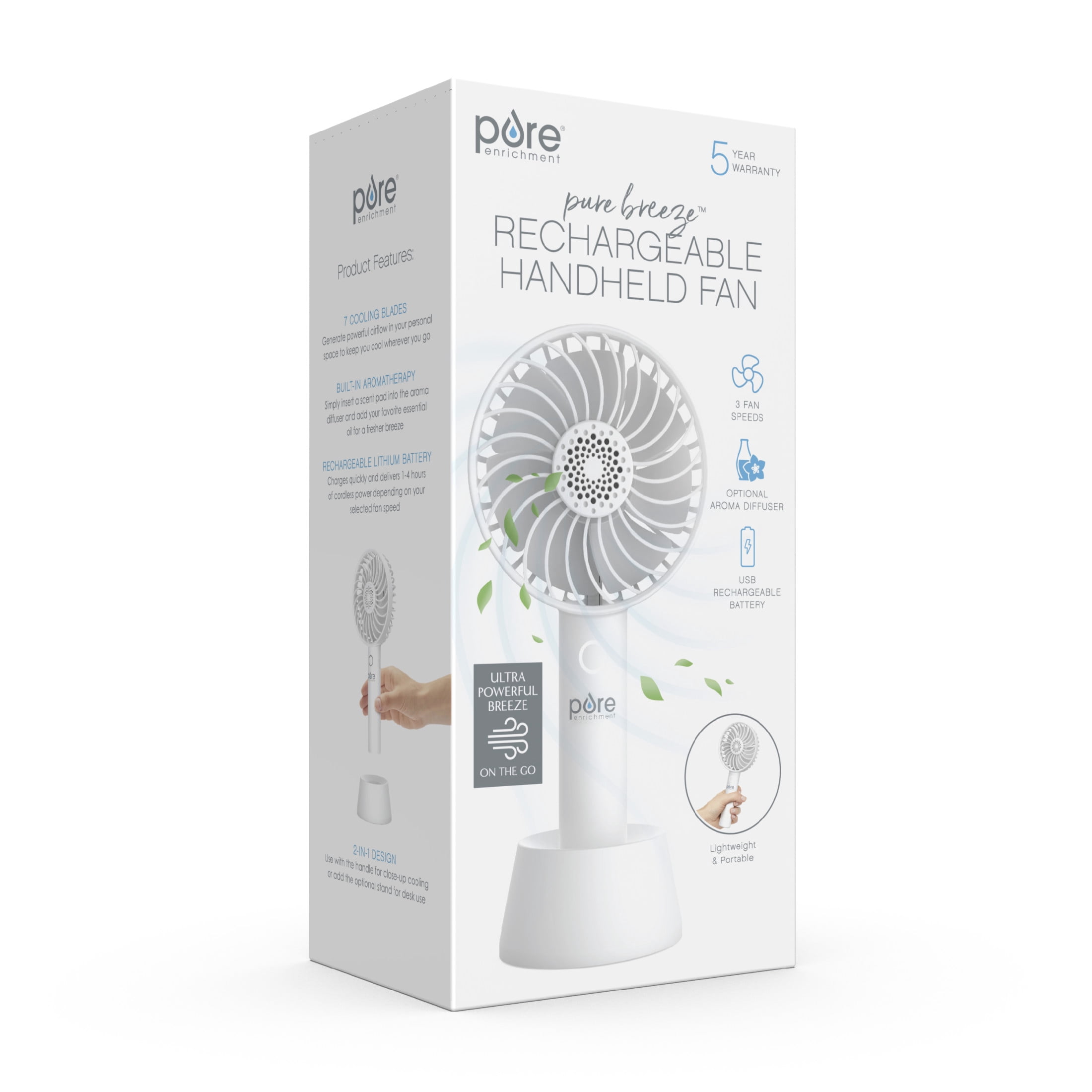 Pure Enrichment PureBreeze Personal Handheld Fan with Base - 3 Fan Speeds, Built-In Rechargeable Lithium-Ion Battery, Lightweight Portable Design, Soothing Optional Aromatherapy Tank, USB Charger