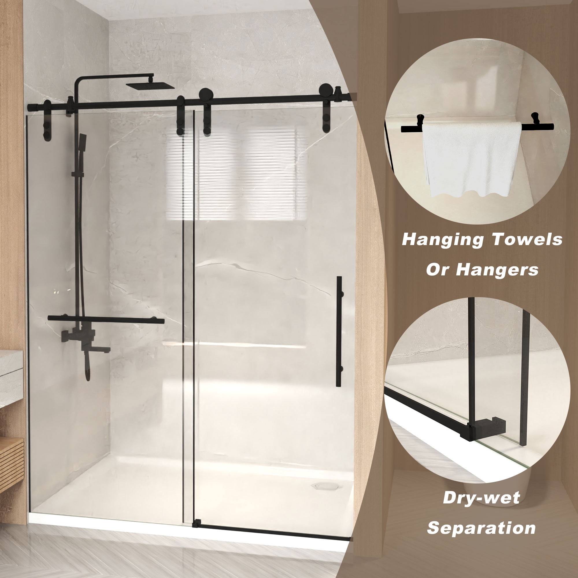 Leumius 50-54" x 76" H Frameless Sliding Shower Door,5/16" Clear Tempered Glass Sliding Shower Door,Stainless Steel Frame,Matte Black