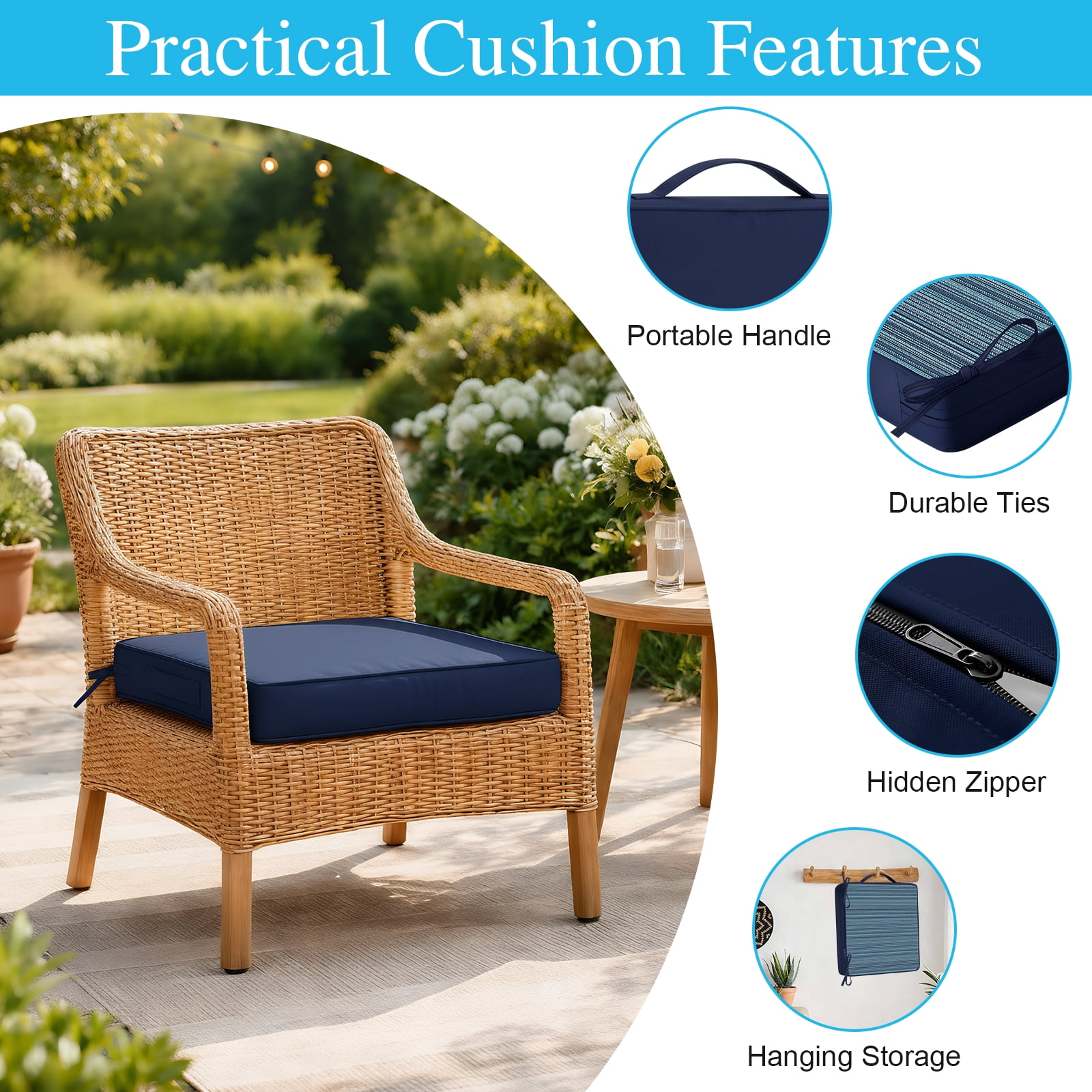 Jane Stone 2pcs Outdoor Seat Cushions with handle and Ties, 19" x 19" x 3" Water-resistant Outdoor Seat Pads Extra Thick Patio Chair Cushions for Patio Furniture - Navy Blue