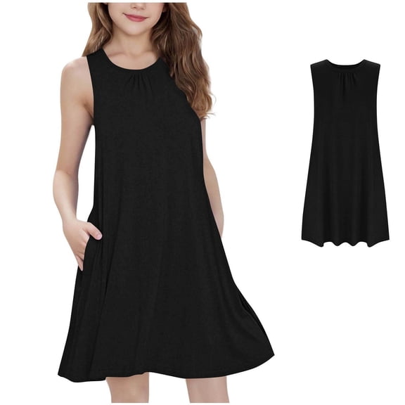 Girls' Summer Dresses Sleeveless Tank Dress Kids Casual Loose Crewneck Black Beach Sundress 9-10 Years