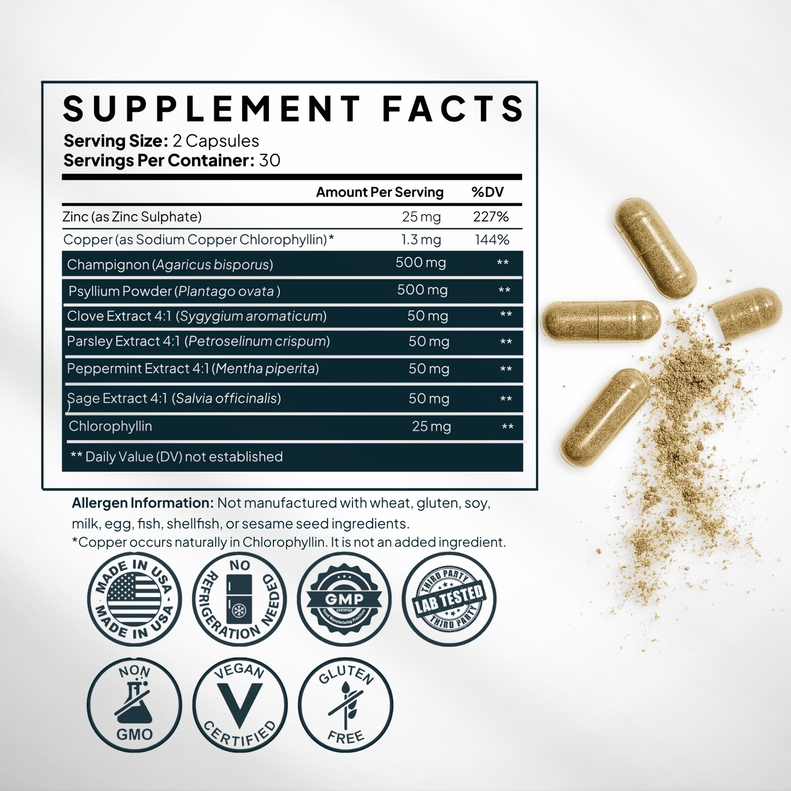 Zenmen Daily Body Odor & Gut Support - Healthy Zinc & Chlorophyll, 60 Vegan Capsules, USA-Made