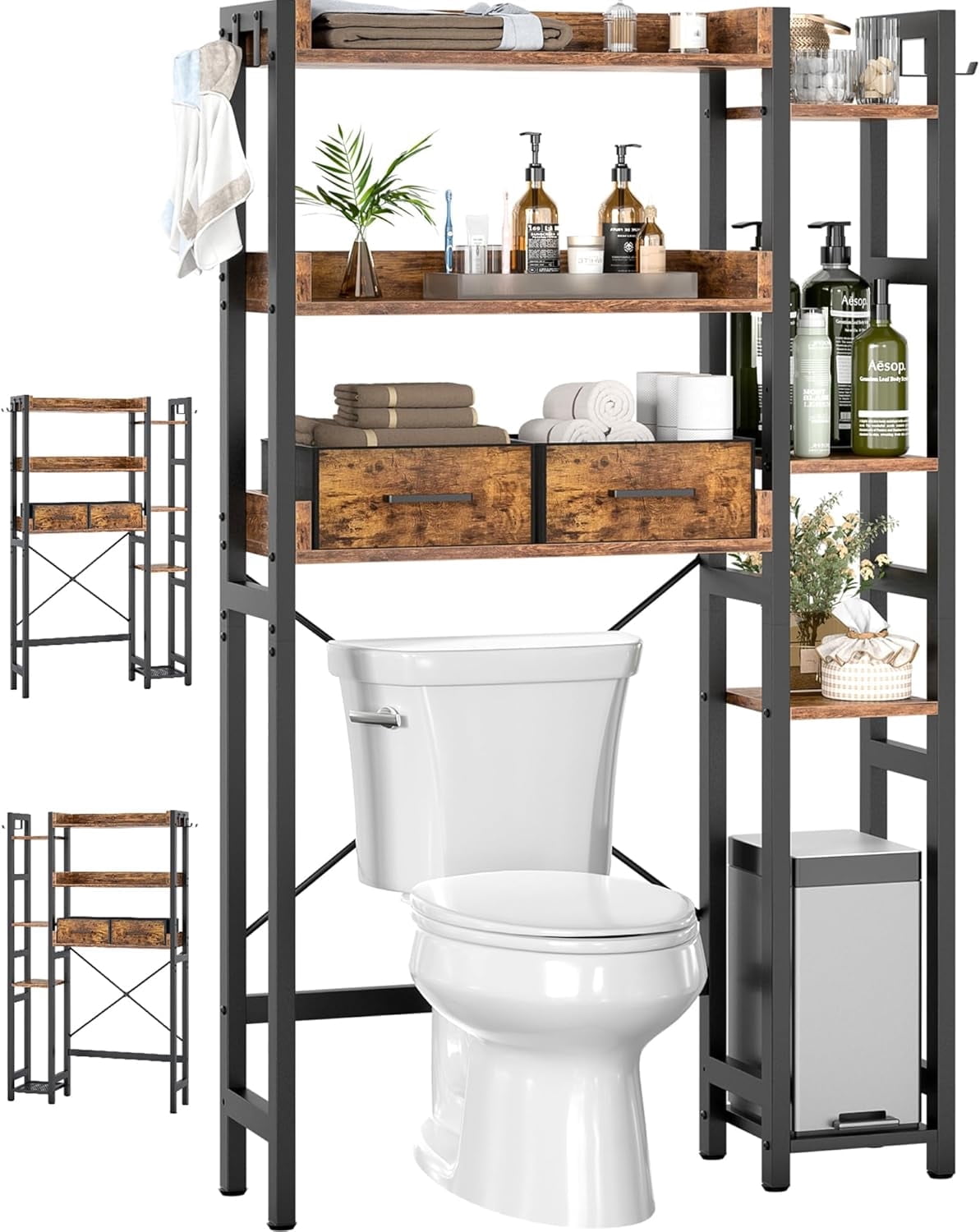 Over the Toilet Storage Upgraded version with 2 Drawers 7 Tier Bathroom Organizer with Adjustable Shelf Freestanding Space Saver above Toilet Stand with 4 Hooks Metal Bathroom Organizer, Rustic Brown