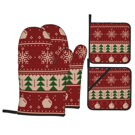 

WARHOOME Oven Mitts and Pot Holders Sets Heat-Resistant Christmas Knit Prints BBQ Glove Oven Mitt Hot Pads Kitchen Cooking Baking Grilling 4Pcs